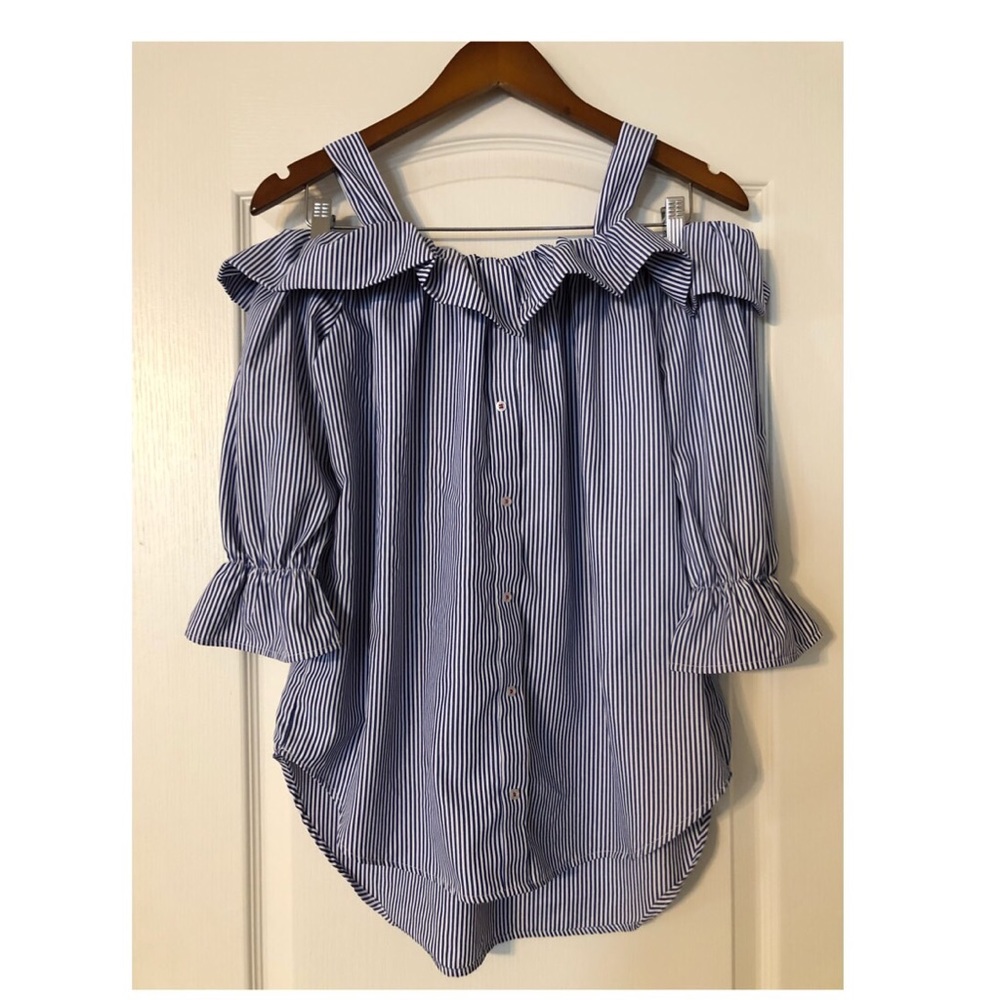 Nautical Off Shoulder Ruffle Blouse!